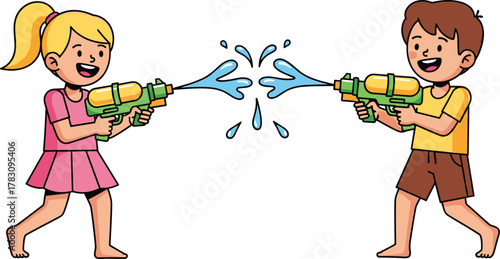 Cartoon children with water guns, summer play, outdoor fun, splashing water, barefoot kids, pink dress, yellow shirt, flat vector art, isolated activity scene