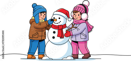 Cartoon children building snowman, winter activity, snowy outdoor scene, teamwork, seasonal fun, Santa hat, scarf, carrot nose, flat vector art, isolated illustration