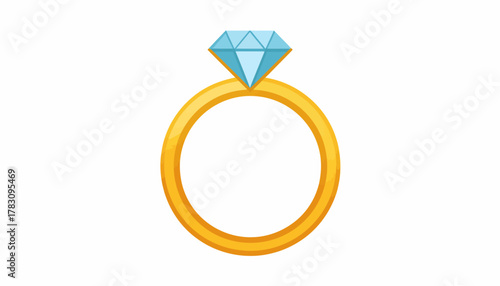 A golden engagement ring with a large, sparkling, blue diamond on a white background.