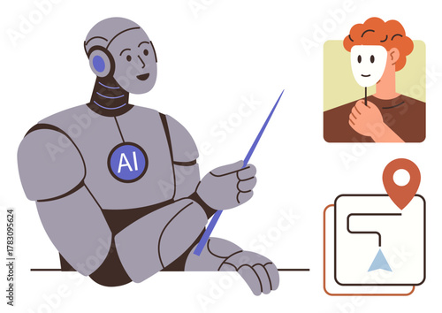 Humanoid AI robot holding a pointer, person holding a mask symbolizing identity, and a navigation map with a location pin. Ideal for technology, AI, identity, education, navigation, innovation