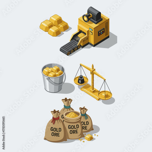 Gold mining and processing equipment, gold ore, and scales.
