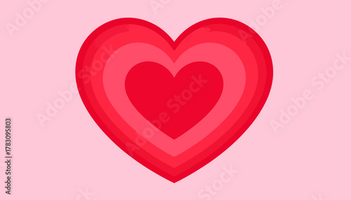 A layered heart illustration with a gradient of red hues against a soft pink background.