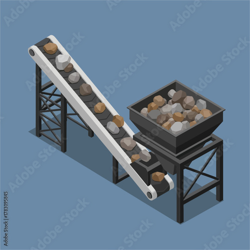 Industrial conveyor belt system transporting rocks and minerals.