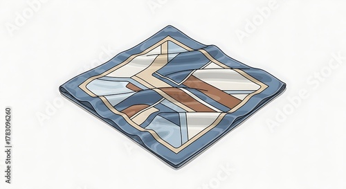 Diamond shaped silk scarf with abstract blue and brown geometric pattern