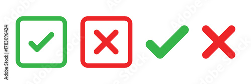 check mark icon button set. check box icon with right and wrong buttons and yes or no checkmark icons in green tick box and red cross.
