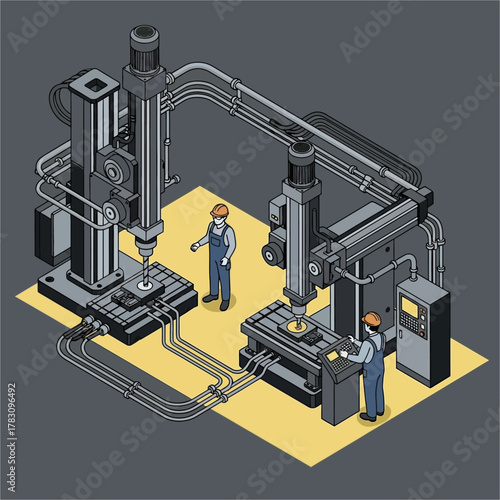 Industrial manufacturing machines with workers in a factory setting.