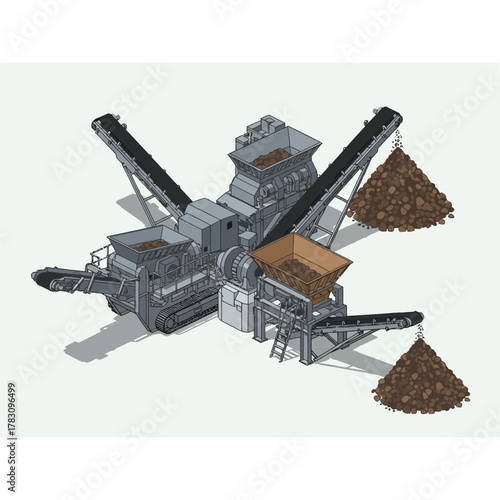 Industrial mobile rock crusher and screening plant machinery illustration.