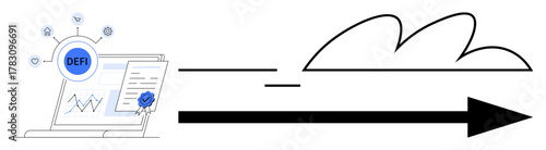 Laptop displaying DeFi metrics and certification, connected symbols for decentralized networks, bold arrow suggests growth. Ideal for DeFi, fintech, blockchain, technology, innovation, data digital