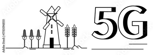 Windmill and crops beside bold 5G text blend technology and agriculture. Ideal for agriculture, technology, connectivity, innovation, farming, eco-solutions, and smart communication in a simple flat