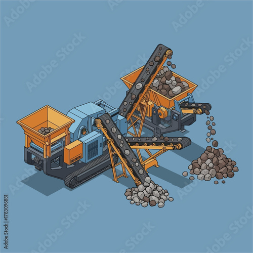 Isometric Illustration of a Stone Crusher Machine for Mining.
