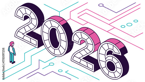2026 isometric year with tiny person on digital circuit board lines, future technology