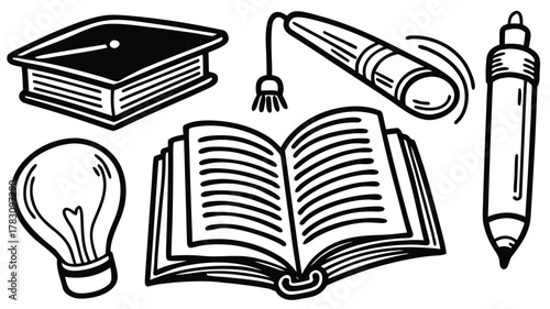 Educational elements doodle drawing featuring books, lightbulb, pen, pencil, and graduation cap.