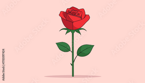 A vibrant illustration of a single red rose, showcasing its petals, stem, and leaves against a soft pink background.
