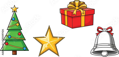 Festive Christmas icons including a decorated tree, shining star, gift box, and bell ready for holiday designs