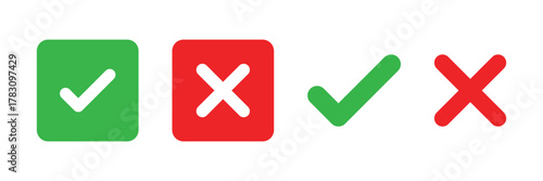 check mark icon button set. check box icon with right and wrong buttons and yes or no checkmark icons in green tick box and red cross.
