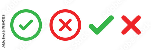 check mark icon button set. check box icon with right and wrong buttons and yes or no checkmark icons in green tick box and red cross.