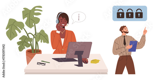 Support professional with headset at desk helps client colleague presents data security strategy. Ideal for customer service, cybersecurity, teamwork, remote work, tech support, consulting