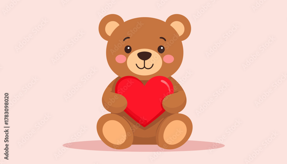 Fototapeta premium Cute cartoon teddy bear holding a red heart, perfect for Valentine's Day or expressing love.