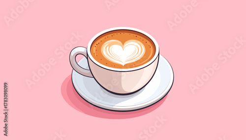 A beautifully illustrated cup of latte art, featuring a heart design, on a saucer.
