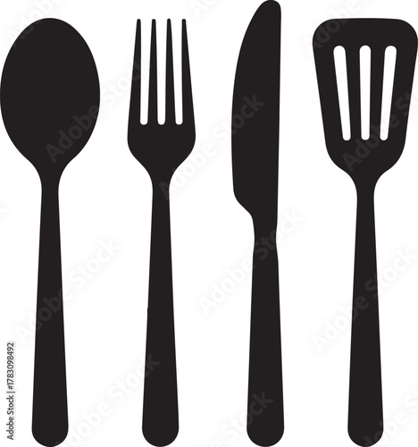 Clean Minimal Utensils Silhouette Spoon Fork Knife Spatula Kitchen Icon Set