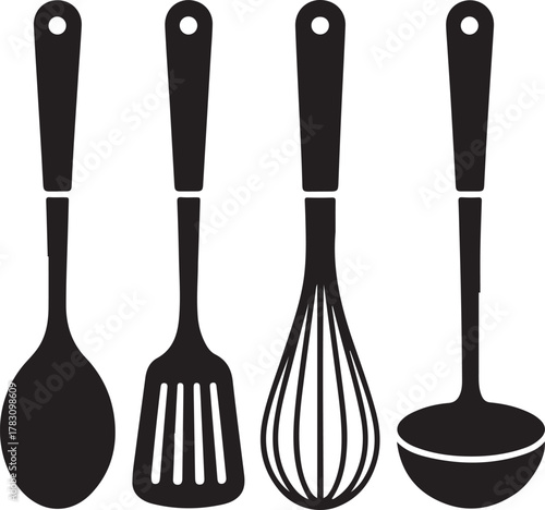 Clean Utensil Stand Silhouette Spoon Spatula Whisk Ladle Kitchen Icon Set