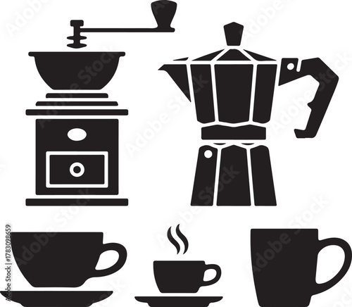 Coffee Accessories Silhouette Grinder Pot Cup Mug Brewing Icon Set
