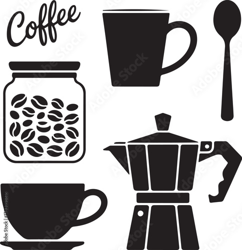 Coffee Lover Setup Silhouette Coffee Cup Mug Beans Jar Spoon Kettle Icon Set