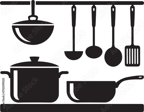 Cooking Counter Setup Silhouette Pot Pan Spoon Ladle Kitchen Icon Set