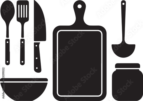 Cooking Prep Station Silhouette Chopping Board Knife Spoon Bowl Jar Ladle Kitchen Icon Set