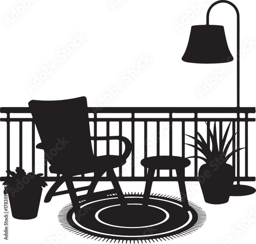 Cozy Balcony Corner Silhouette Chair Rug Pot Lamp Stool Outdoor Icon Set