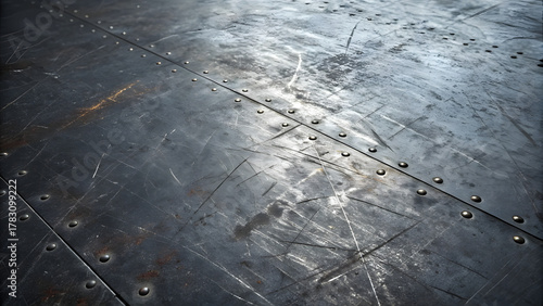 Close-up of a scratched and weathered dark metal surface with rivets texture background