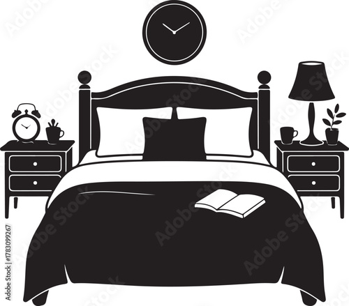 Cozy Bed Setup Silhouette Pillow Duvet Nightstand Lamp Cup Clock Book Bedroom Icon Set