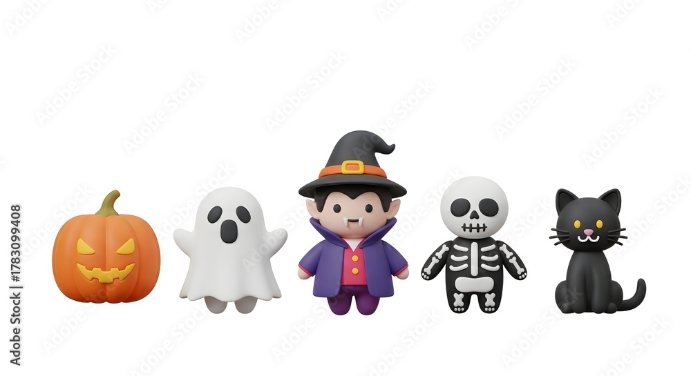 Fototapeta premium Cute 3D Halloween characters including pumpkin, ghost, vampire, skeleton, and black cat on white background.