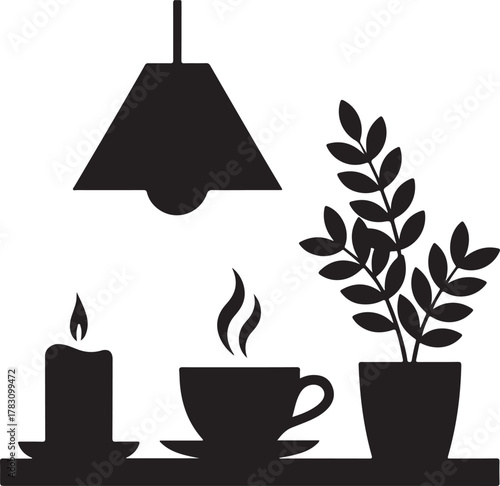 Cozy Coffee Corner Silhouette Cup Candle Lamp Home Decor Icon Set