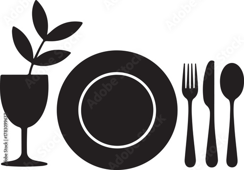 Cozy Dinner Corner Silhouette Glass Napkin Plate Spoon Dining Icon Set