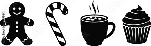 Festive gingerbread man, candy cane, hot cocoa, and cupcake silhouettes for holiday designs