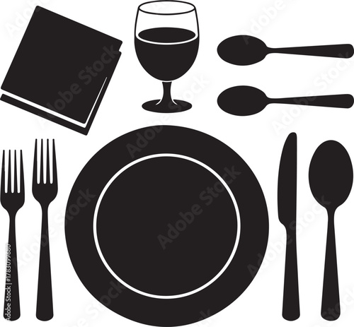 Cozy Dinner Table Silhouette Plate Fork Knife Glass Spoon Napkin Dining Icon Set