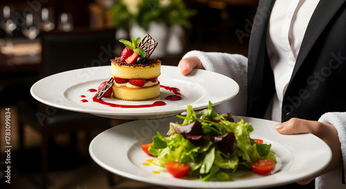 Fototapeta Naklejka Na Ścianę i Meble -  Elegant hotel service: Waiter serving gourmet strawberry dessert and fresh salad in a fine dining restaurant