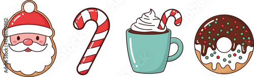 Adorable Santa cookie, candy cane, hot chocolate, and festive donut celebrate holiday joy