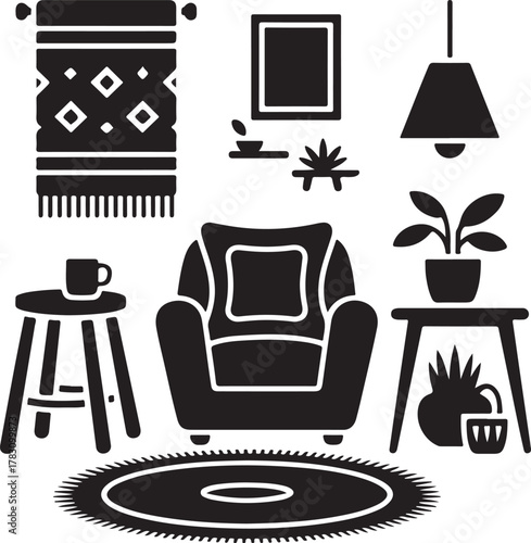 Cozy Nook Silhouette Rug Stool Pillow Blanket Plant Lamp Mug Home Icon Set