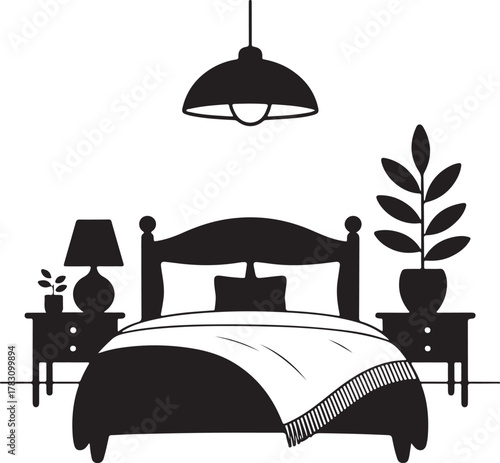Cozy Nordic Bed Area Silhouette Pillows Blanket Lamp Bedroom Icon Set