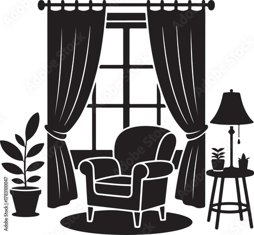 Cozy Window Corner Silhouette Curtain Chair Lamp Pot Home Icon Set