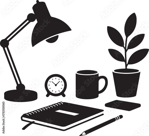 Cozy Workspace Silhouette Notebook Pencil Lamp Mug Plant Small Clock Icon Set
