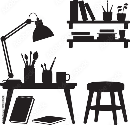 Creative Corner Silhouette Sketchbook Brush Jar Lamp Mug Stool Shelf Icon Set