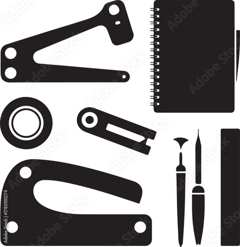 Creative Maker Desk Silhouette Tools Cutter Tape Notebook Ruler Icon Set