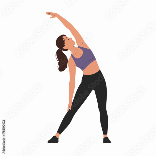 Flat Vector Illustration of a Woman Performing a Side Bend Stretch Exercise in Athletic Wear, Focusing on Fitness, Flexibility, and Wellness.