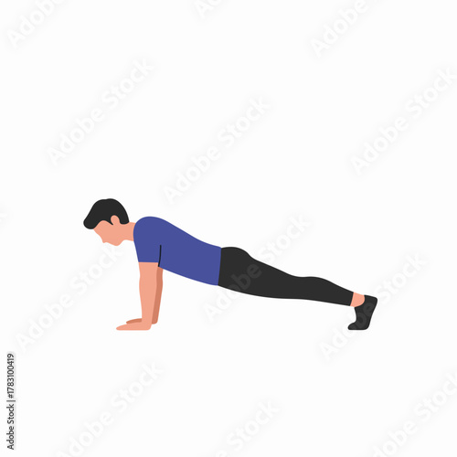 Man performing a basic plank exercise position in flat cartoon illustration style, representing workout, health, and core stability.