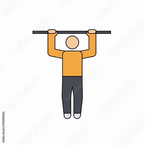 Stylized icon representing a person exercising by hanging on a pull-up bar, symbolizing strength, fitness, and gym workout routines.