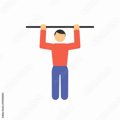 Flat design icon of a person hanging from a pull-up bar, symbolizing fitness, strength training, and exercise.
