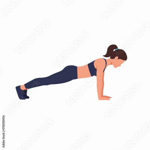 Woman performing a high plank exercise, an illustration depicting core strength training and fitness routine on a white background.